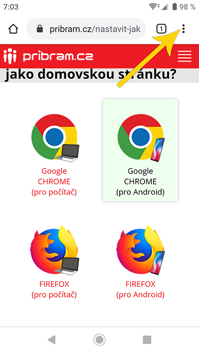 nastavení domovské stránky - Google Chrome pro Android - krok 1