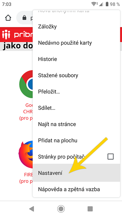 nastavení domovské stránky - Google Chrome pro Android - krok 2