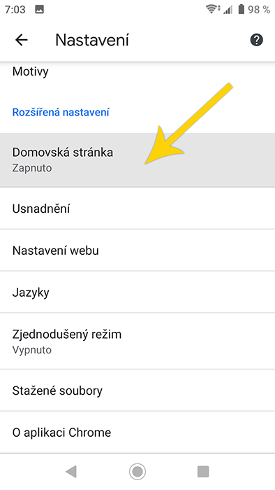 nastavení domovské stránky - Google Chrome pro Android - krok 3