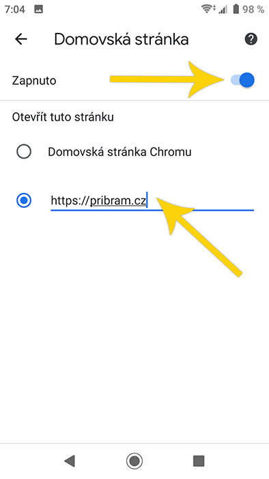 nastavení domovské stránky - Google Chrome pro Android - krok 4