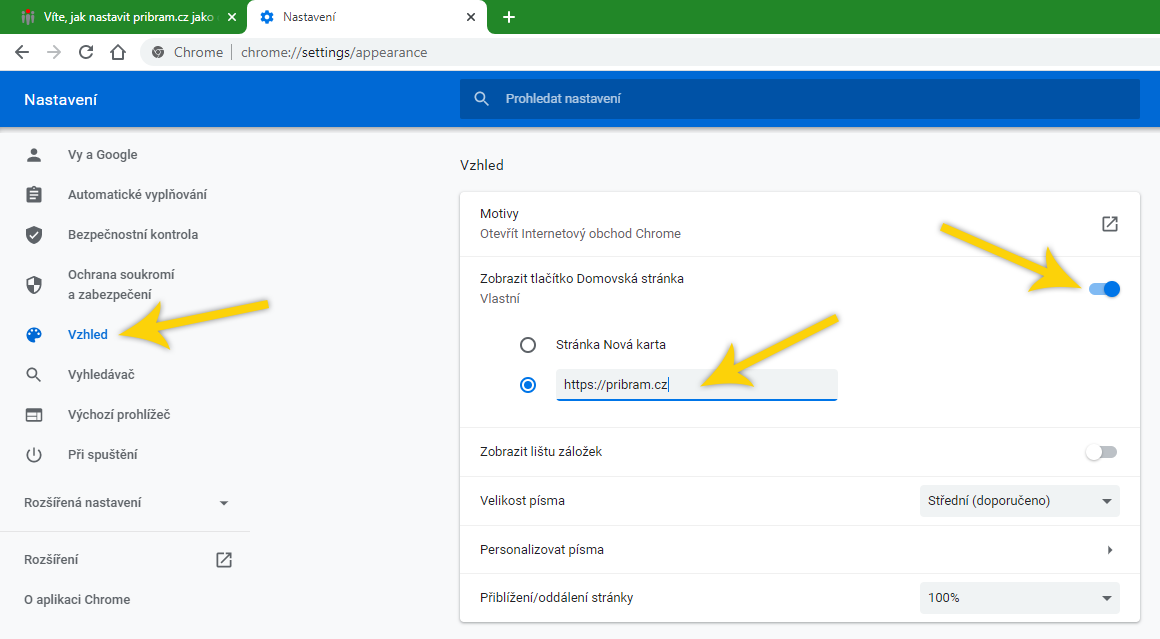 nastavení domovské stránky - Google Chrome pro PC - krok 2