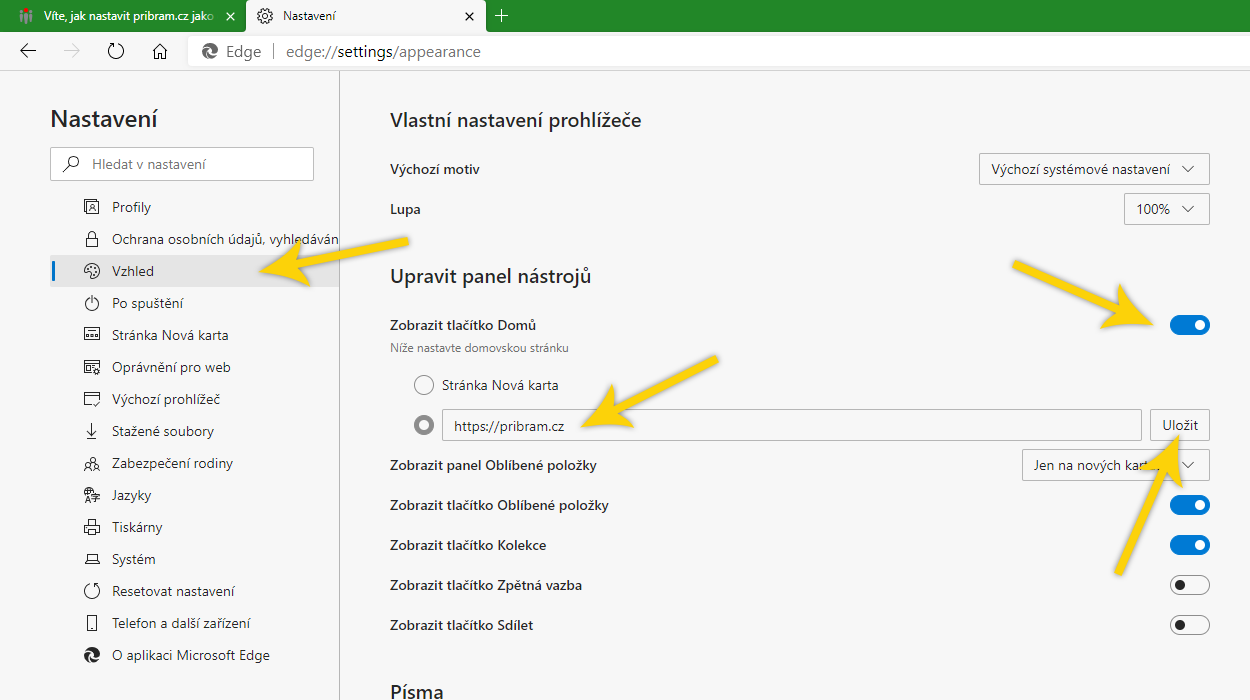 nastavení domovské stránky - MS Edge - krok 2
