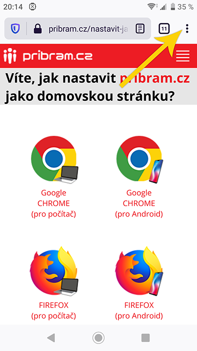 nastavení domovské stránky - Firefox pro Android - krok 1