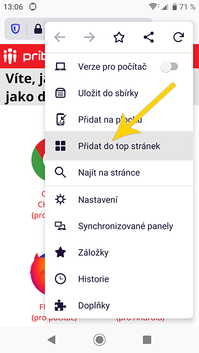 nastavení domovské stránky - Firefox pro Android - krok 2