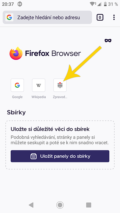 nastavení domovské stránky - Firefox pro Android - krok 3