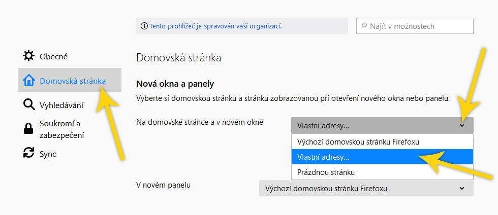 nastavení domovské stránky - Firefox pro PC - krok 4