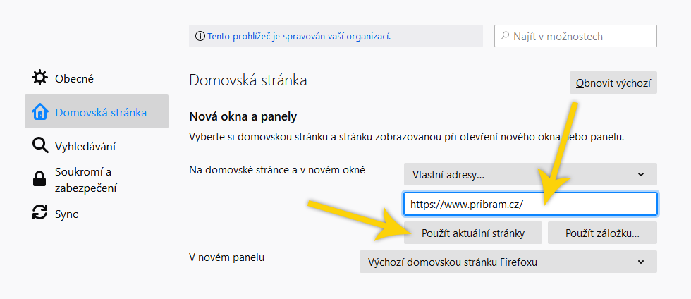 nastavení domovské stránky - Firefox pro PC - krok 5